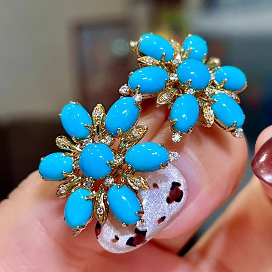 14k Gold 6.31 Ctw Natural Blue Turquoise & Diamond Earrings - 4