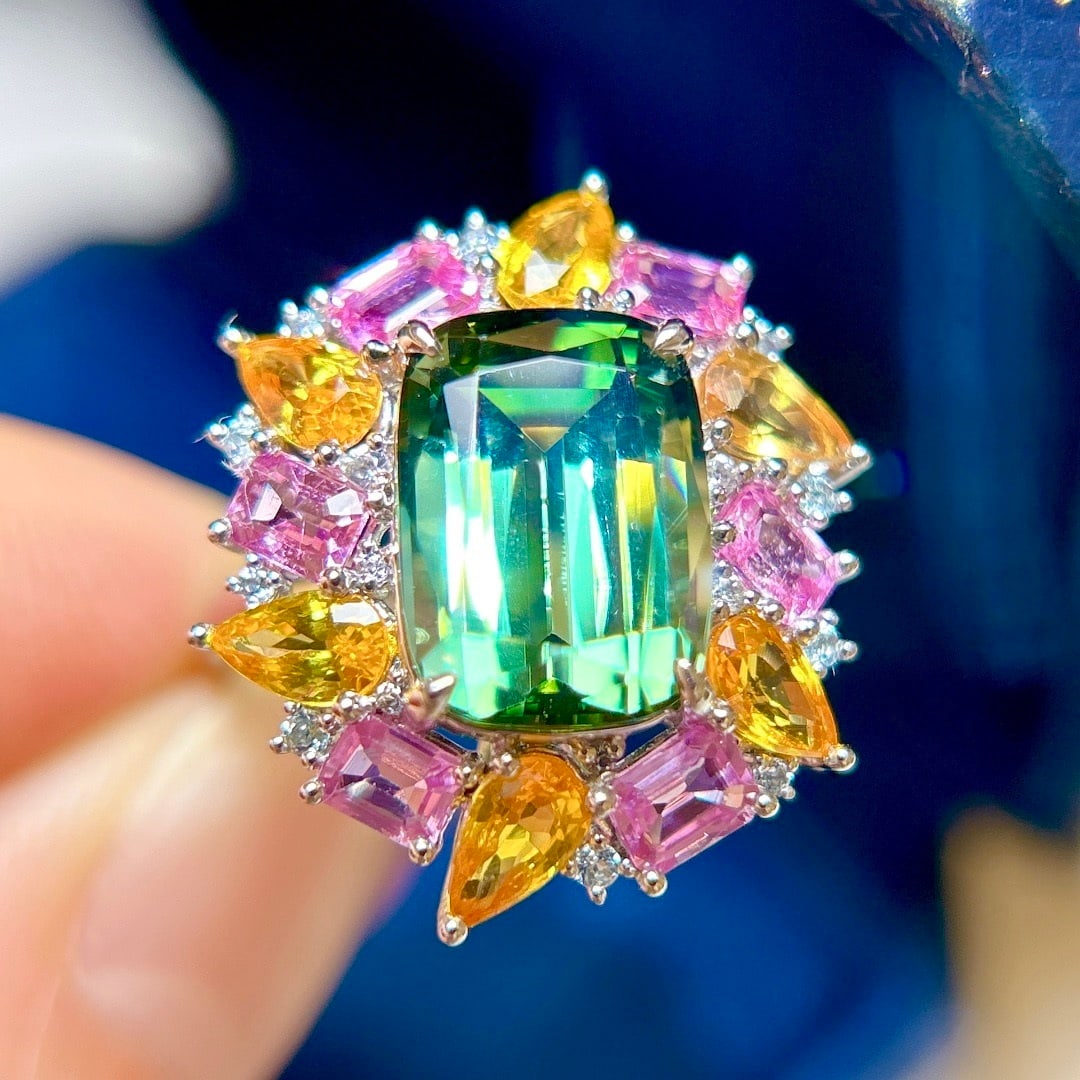 14k Gold 7.45 Ctw Natural Tourmaline & Sapphire Ring - 2