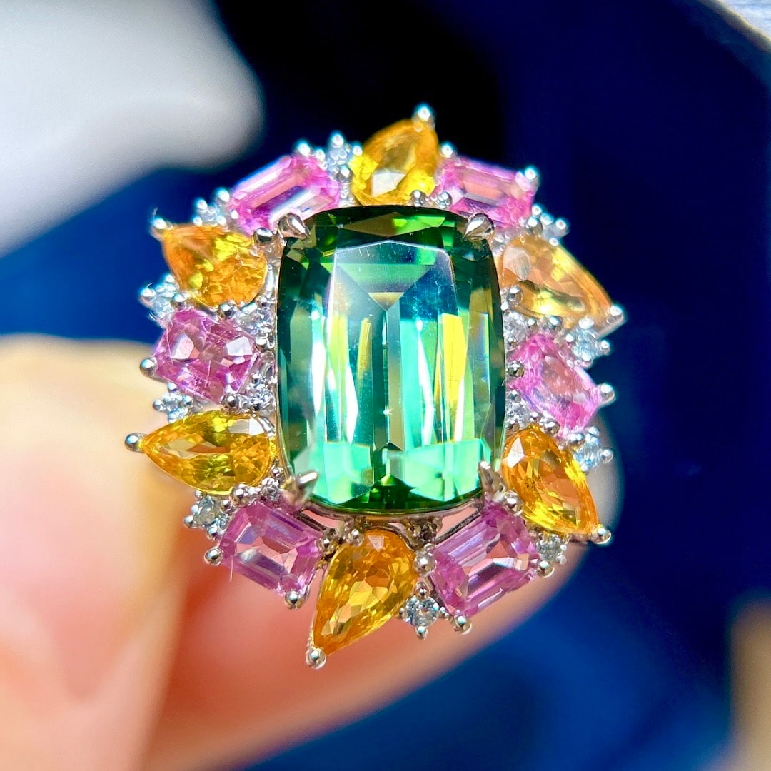 14k Gold 7.45 Ctw Natural Tourmaline & Sapphire Ring - 6