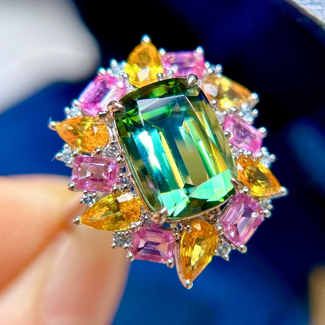 14k Gold 7.45 Ctw Natural Tourmaline & Sapphire Ring - 7