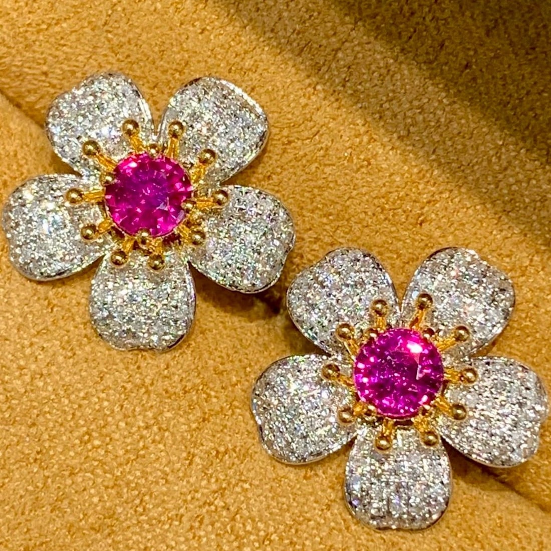 14k Gold 1.1 Ct Natural Ruby & Diamond & Flowers Earrings - 2