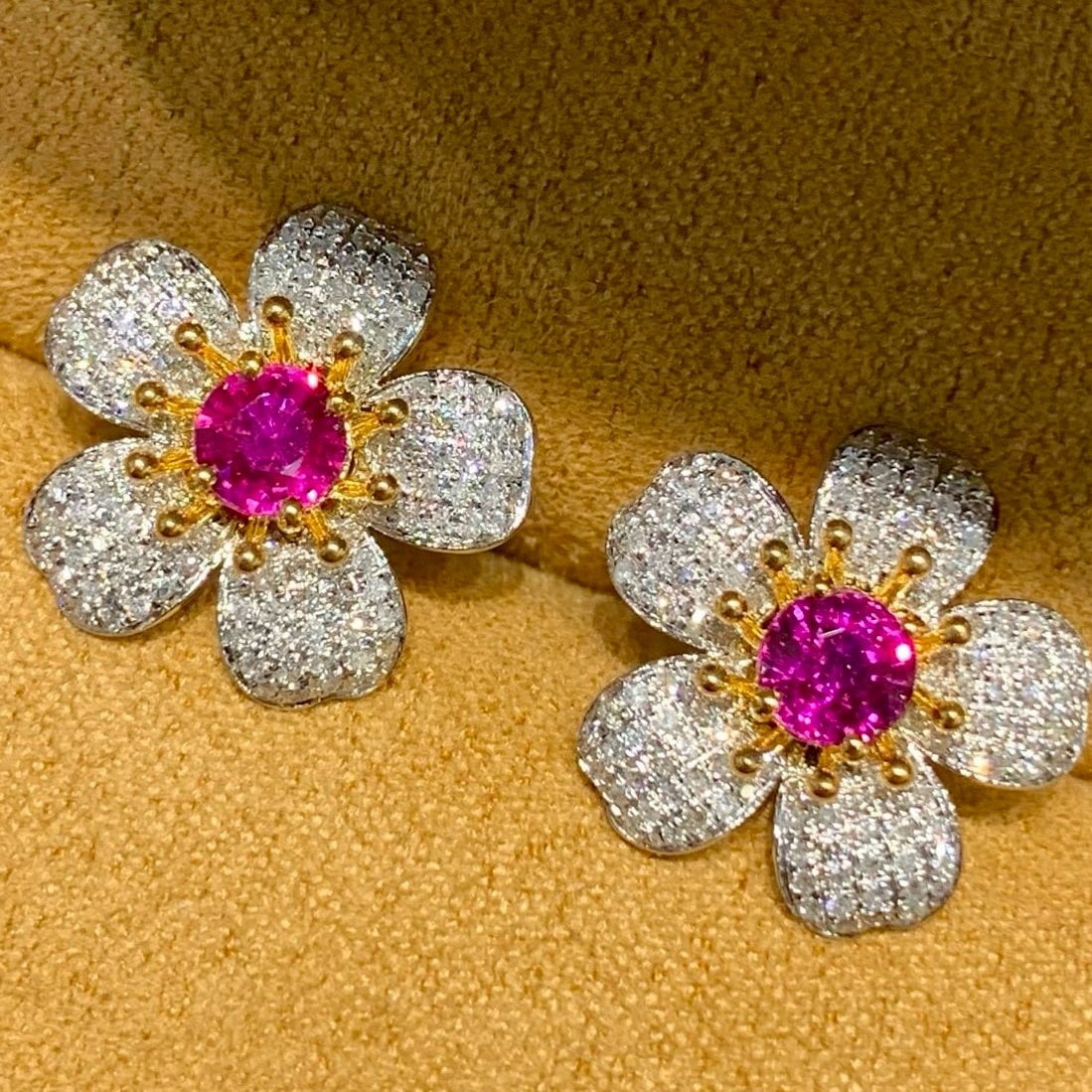 14k Gold 1.1 Ct Natural Ruby & Diamond & Flowers Earrings - 3