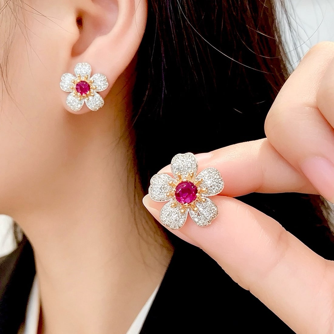 14k Gold 1.1 Ct Natural Ruby & Diamond & Flowers Earrings - 4