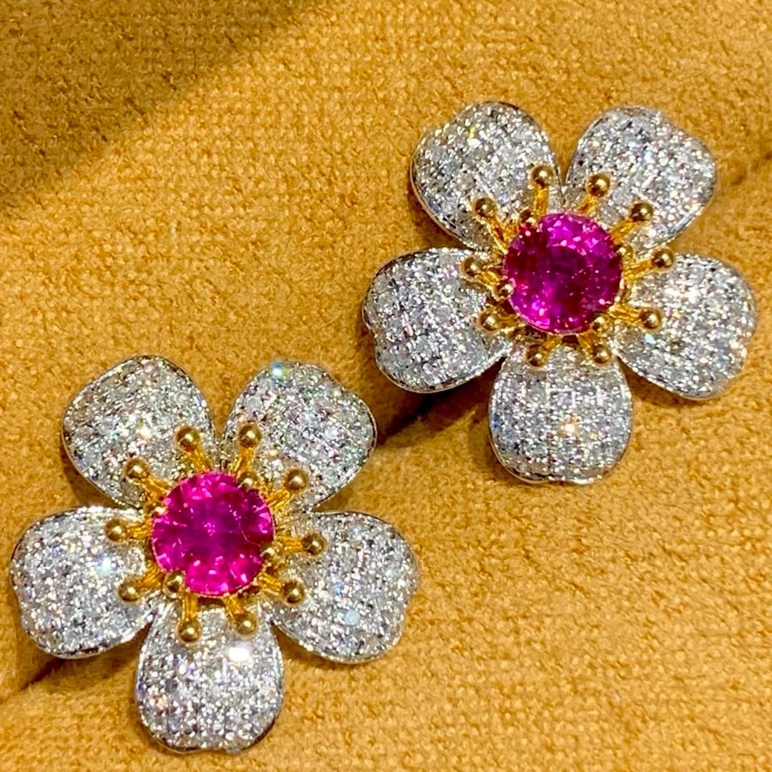 14k Gold 1.1 Ct Natural Ruby & Diamond & Flowers Earrings - 5