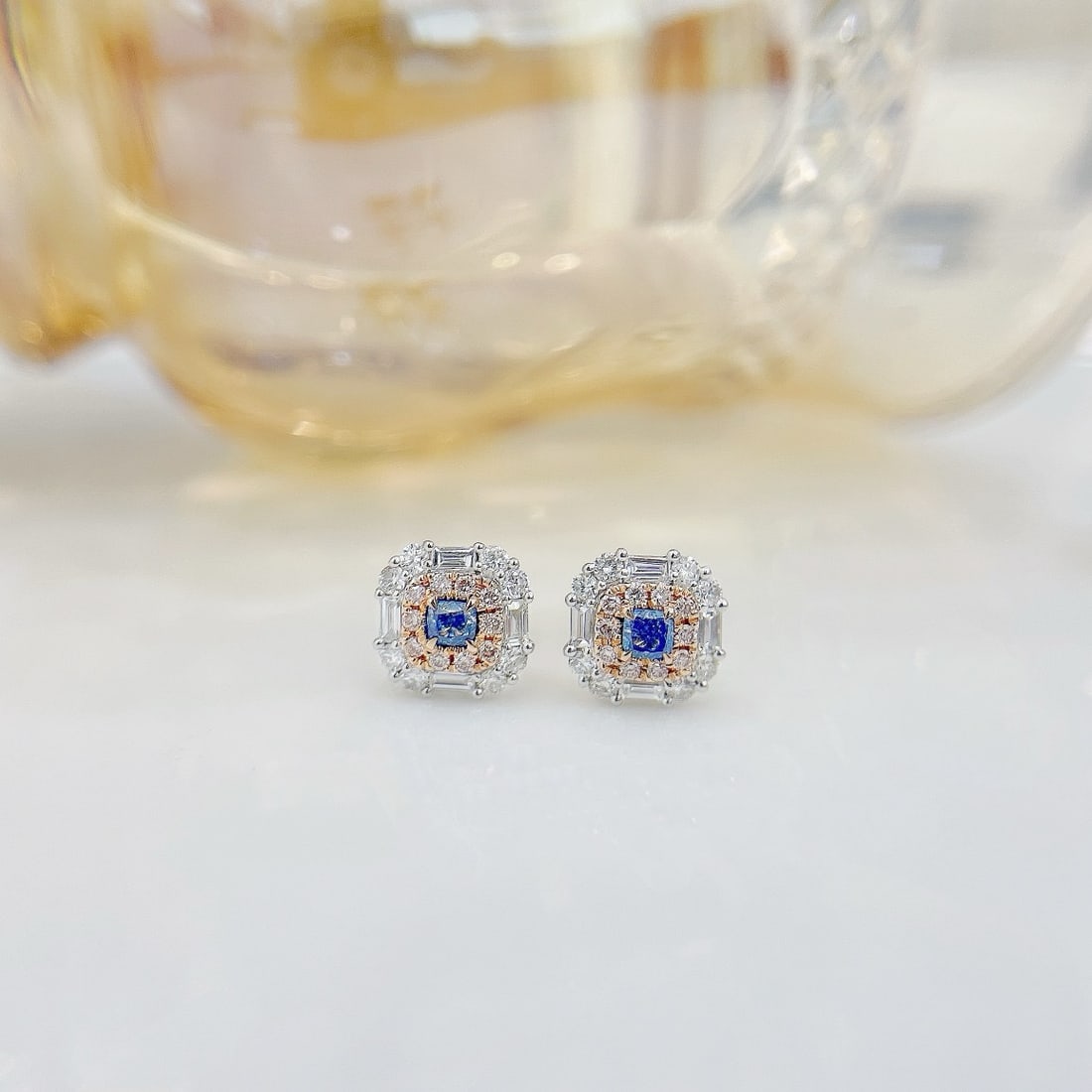14k Gold 0.64 Ctw Natural Blue Diamond & Diamond Earrings: Ref:231192417 // gold content:14k gold // main gemstone:blue diamond // shape:cushion // carat weight:0. 14ct // color:blue // treatment:natural // // adjacent gemstone 2 : diamond // shape:multiple