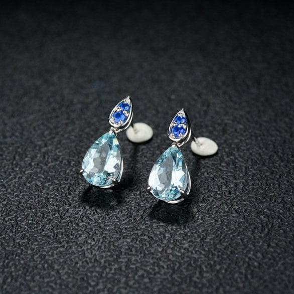 14k Gold 3.66 Ct Natural Aquamarine & Sapphire Earrings - 3
