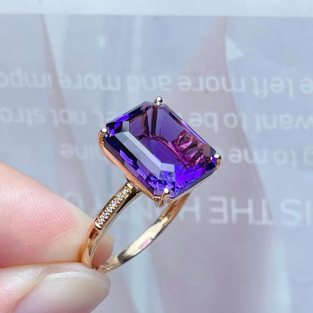 14k Gold 6.15 Ct Natural Amethyst & Diamond Ring - 4