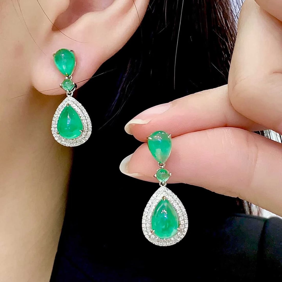 14k Gold 5.9 Ct Natural Emerald & Diamond Earrings - 5