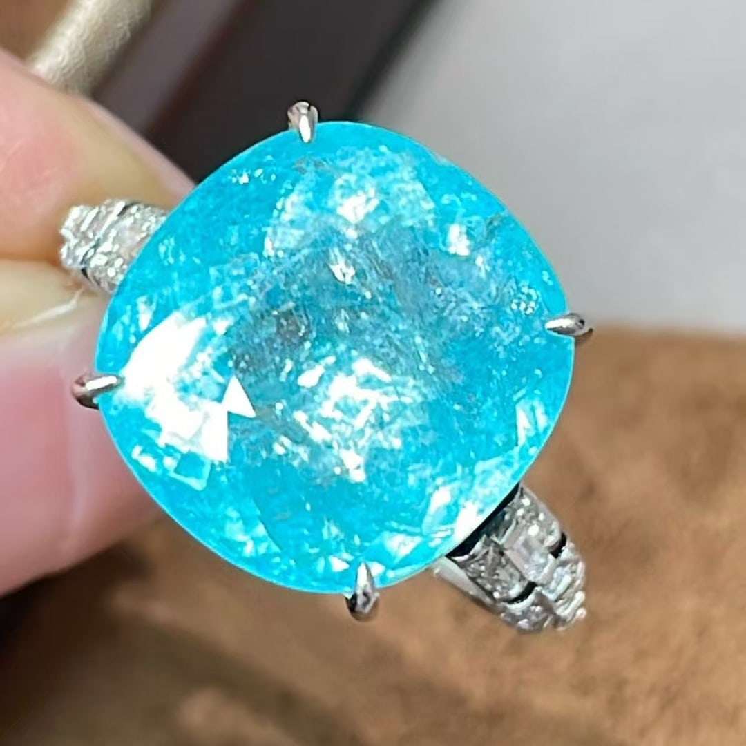 14k Gold 9.6 Ct Natural Paraiba Tourmaline & Diamond Ring - 5