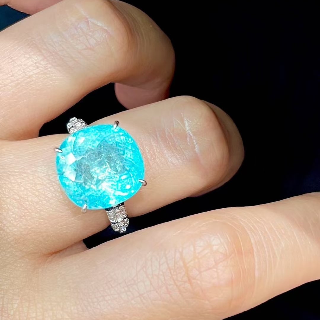 14k Gold 9.6 Ct Natural Paraiba Tourmaline & Diamond Ring - 6