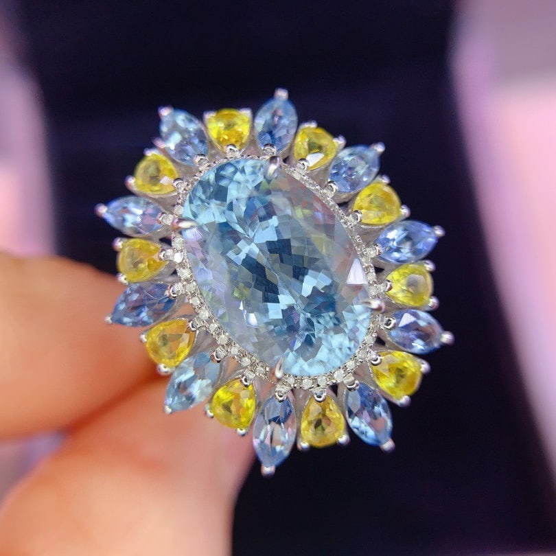 14k Gold 8.8 Ctw Natural Aquamarine & Sapphire Ring/pendant( Without Chain ) - 2