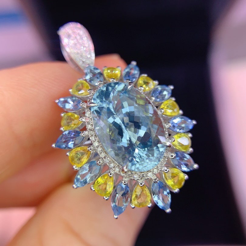 14k Gold 8.8 Ctw Natural Aquamarine & Sapphire Ring/pendant( Without Chain ) - 6