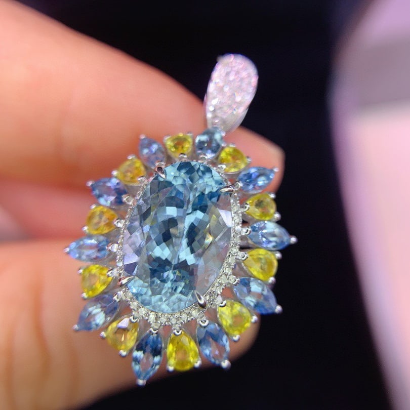 14k Gold 8.8 Ctw Natural Aquamarine & Sapphire Ring/pendant( Without Chain ) - 7