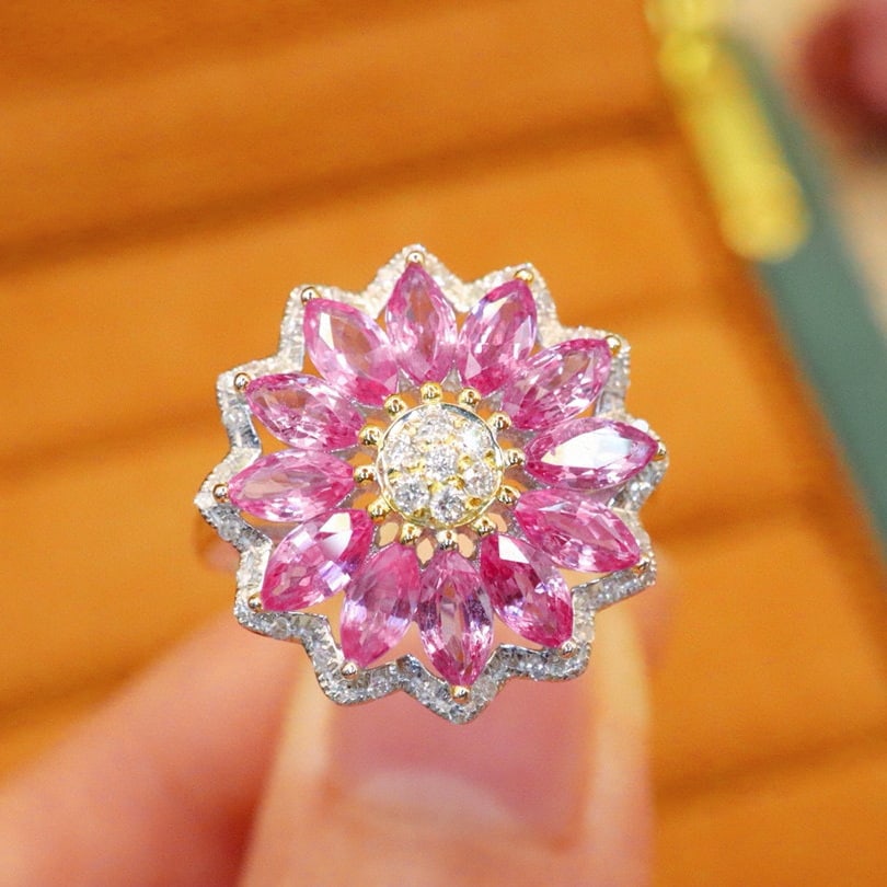 14k Gold 2.58 Ctw Natural Sapphire & Diamond Ring: Ref:231063069 // gold content:14k gold // ring size:7. 25us // // main gemstone:sapphire // shape:marquise // carat weight:2. 40ct // color:pink // treatment:natural // // adjacent gemstone 2 :