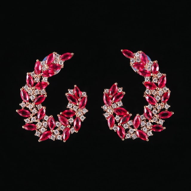 14k Gold 3.83 Ctw Natural Ruby & Diamond Earrings: Ref:231063100 // gold content:14k gold // main gemstone:ruby // shape:marquise // carat weight:3. 22ct // color:red // treatment:natural // // adjacent gemstone 2 : diamond // number of stones:76