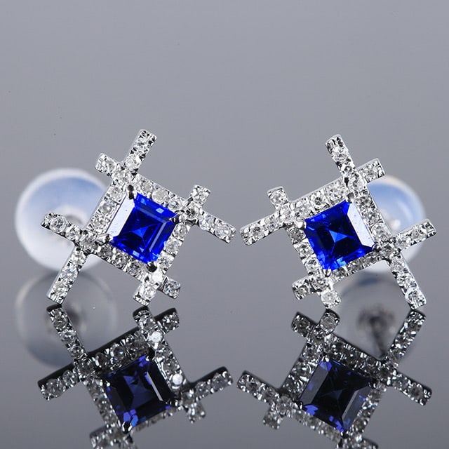14k Gold 0.67 Ctw Natural Sapphire & Diamond Earrings: Ref:231063102 // gold content:14k gold // main gemstone:sapphire // shape:square // carat weight:0. 5ct // color:blue // treatment:natural // // adjacent gemstone 2 : diamond // number of stones:58