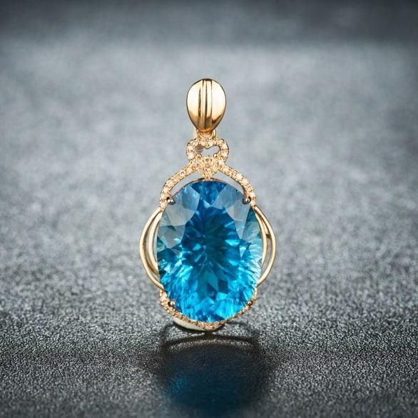14k Gold 19.55 Ct Natural Topaz & Diamond Pendant( Without Chain ): Ref:231063122 // gold content:14k gold // main gemstone:topaz // shape:oval // carat weight:19. 55ct // color:blue // treatment:natural // // adjacent gemstone 2 : diamond // number of stones:43 //