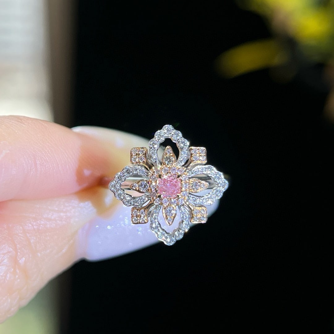 14k Gold 0.45 Ctw Natural Pink Diamond & Diamond Ring: Ref:231063160 // gold content:14k gold // ring size:7. 25us // // main gemstone:pink diamond // shape:cushion // carat weight:0. 15ct // color:pink // treatment:natural // // adjacent gemstone 2 :