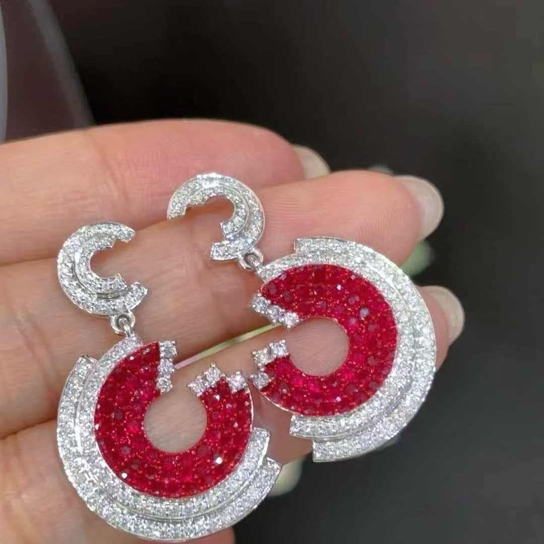 14k Gold 4.8 Ctw Natural Ruby & Diamond Earrings: Ref:231063183 // gold content:14k gold // main gemstone:ruby // shape:round // carat weight:2. 8ct // color:red // treatment:natural // cut grade:g // // adjacent gemstone 2 : diamond //