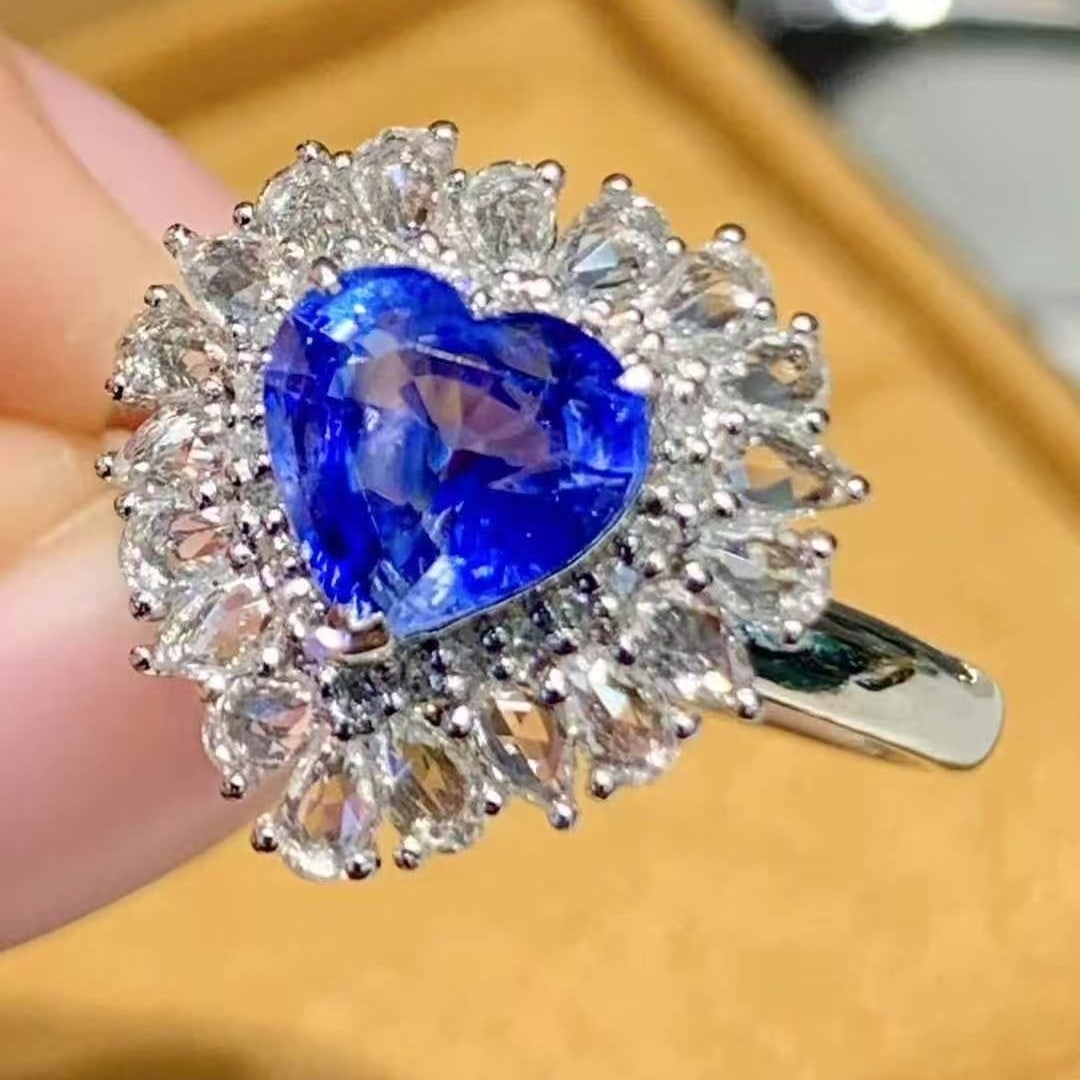 14k Gold 1.5 Ct Natural Sapphire & Diamond Ring: Ref:231063187 // gold content:14k gold // ring size:7. 25us // // main gemstone:sapphire // shape:heart // carat weight:1. 5ct // color:blue // treatment:natural // // adjacent gemstone 2 :