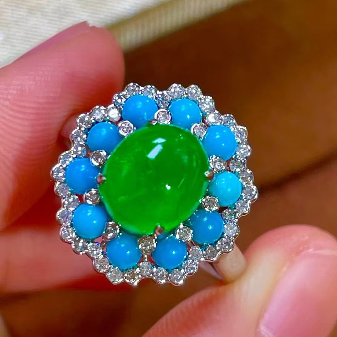 14k Gold 3.5 Ct Vivid Green Natural Emerald & Diamond & Turquoise Jewelry Set: Ref:231063188 // gold content:14k gold // ring size:7. 25us // // ring // main gemstone:emerald // shape:oval // carat weight:2ct // color:vivid green // treatment:natural // // adjacent gemstone 2 :