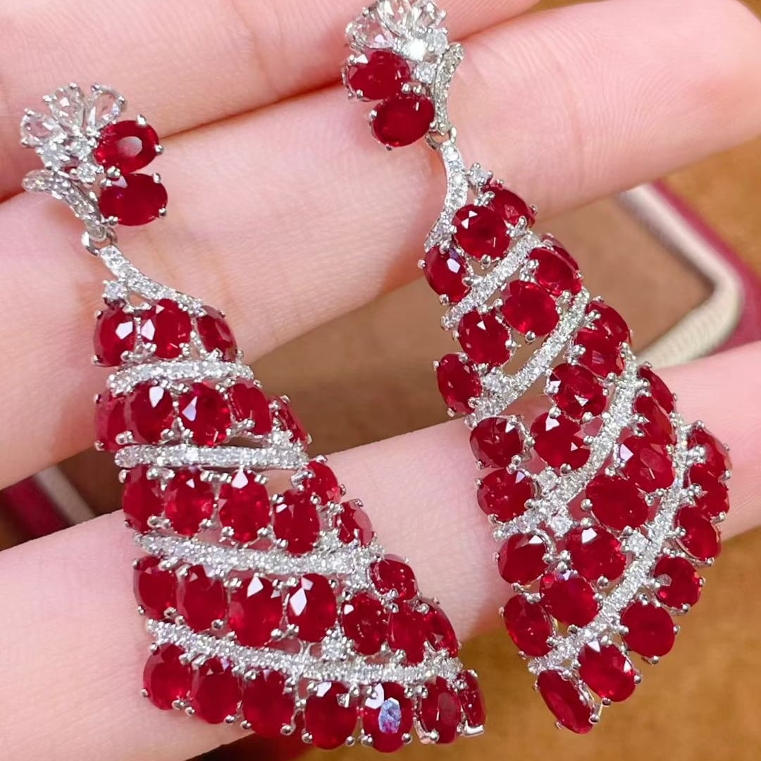 14k Gold 13.5 Ct Vivid Red Natural Ruby & Diamond Earrings - 2