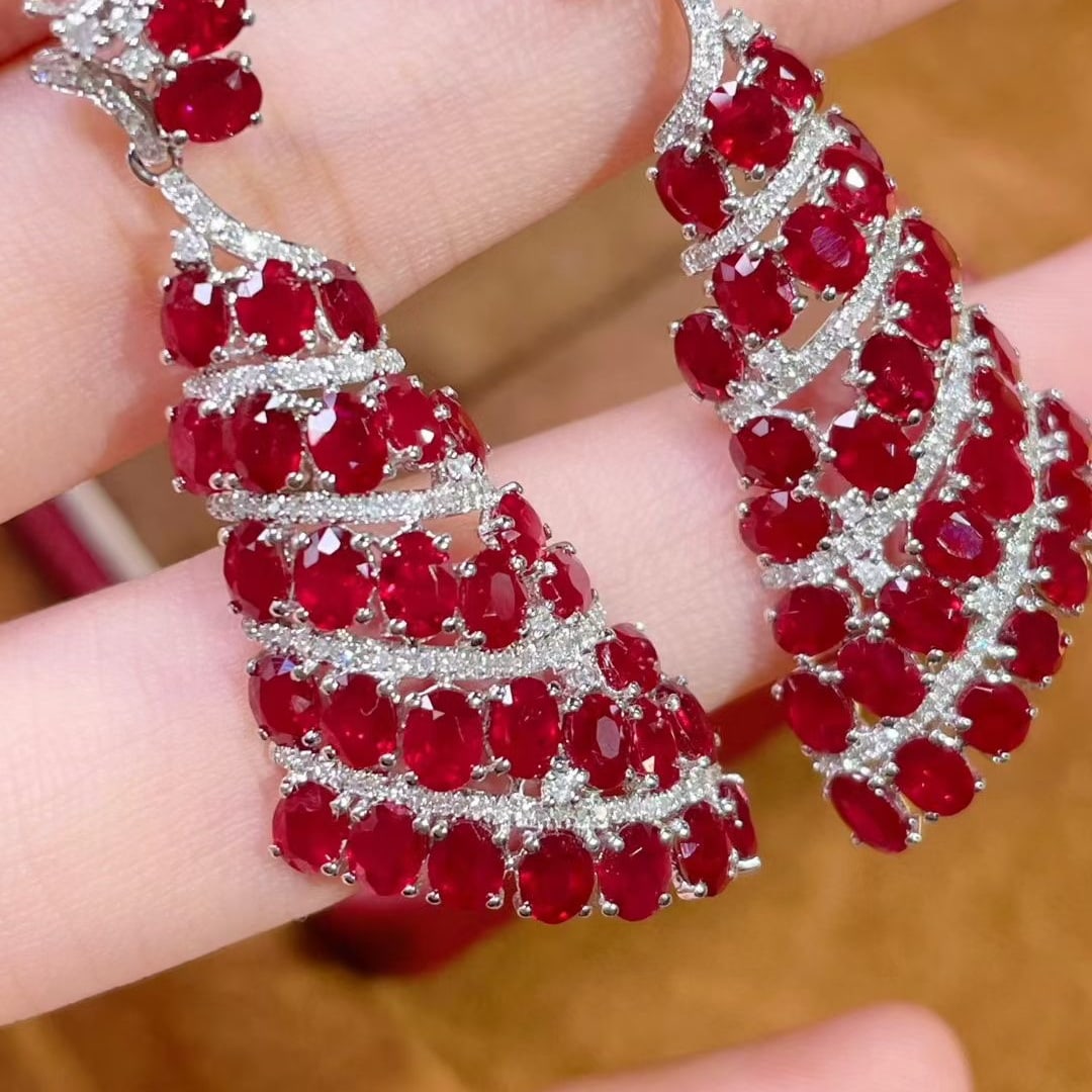 14k Gold 13.5 Ct Vivid Red Natural Ruby & Diamond Earrings - 3