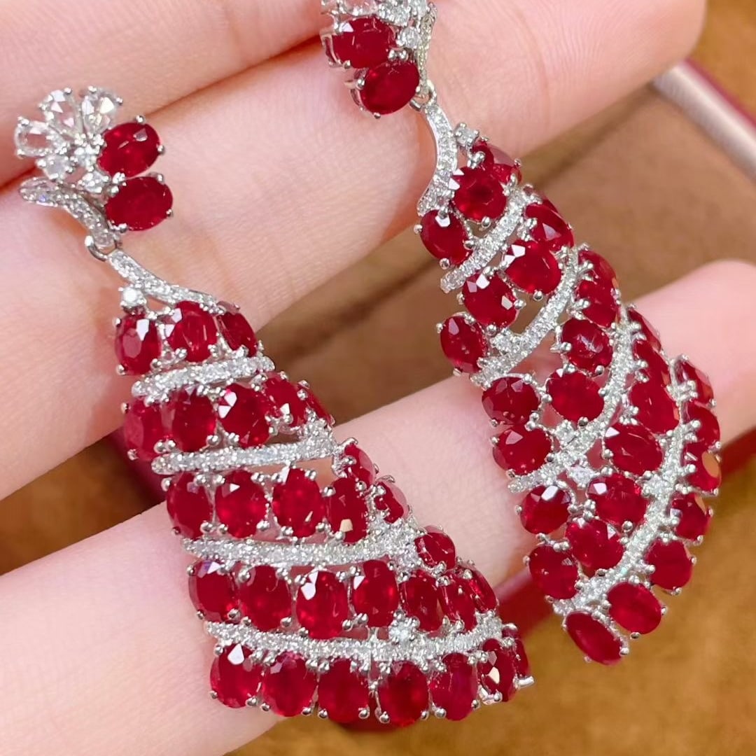 14k Gold 13.5 Ct Vivid Red Natural Ruby & Diamond Earrings - 4