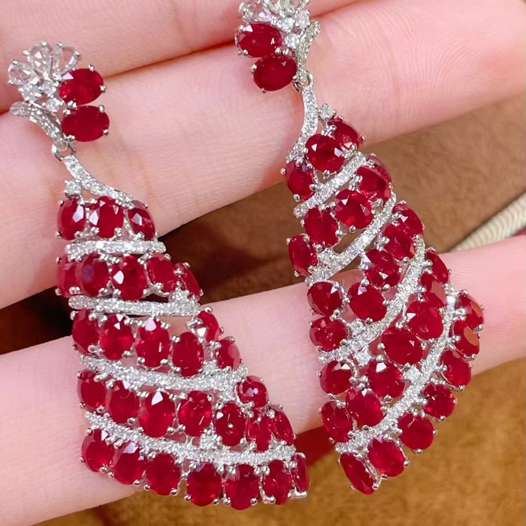 14k Gold 13.5 Ct Vivid Red Natural Ruby & Diamond Earrings - 6