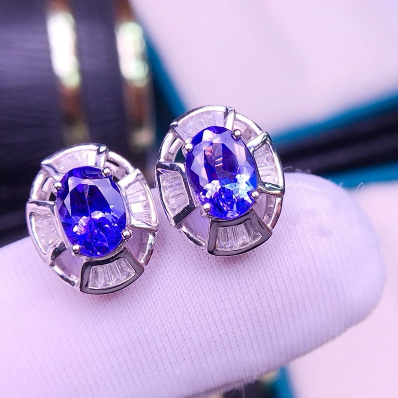 14k Gold 2.5 Ct Natural Tanzanite & Diamond Earrings - 2
