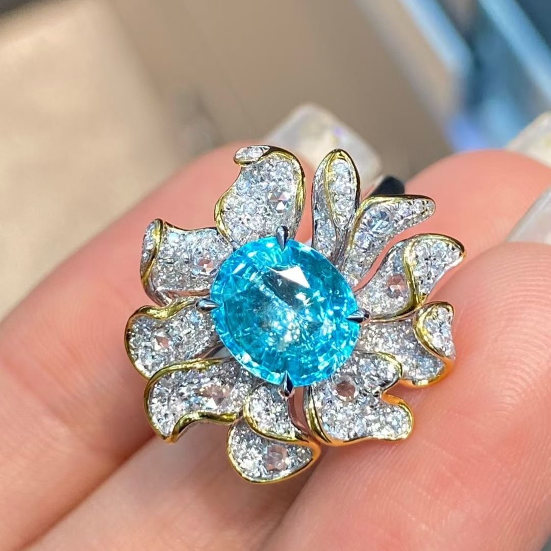 14k Gold 2.74 Ctw Natural Paraiba Tourmaline & Diamond Ring - 2