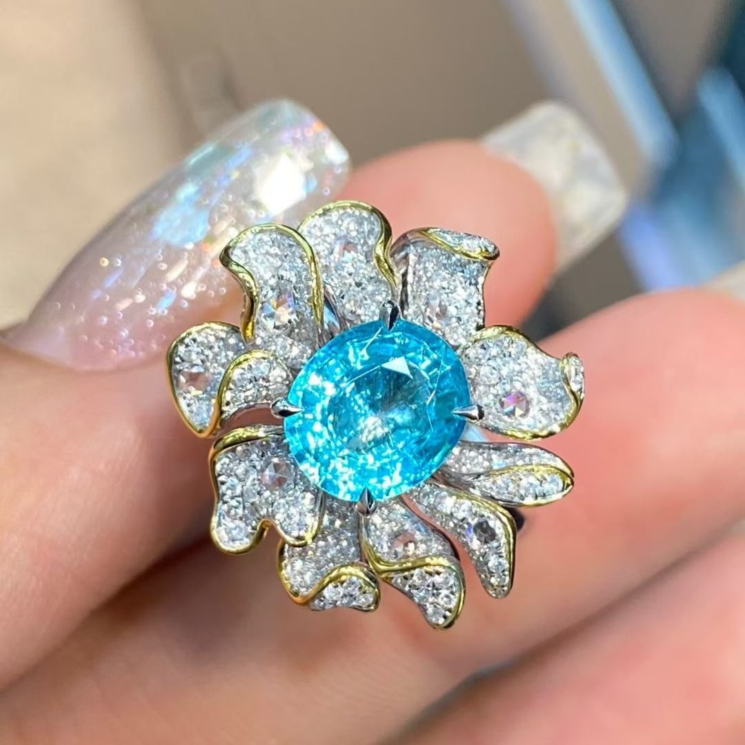 14k Gold 2.74 Ctw Natural Paraiba Tourmaline & Diamond Ring - 4