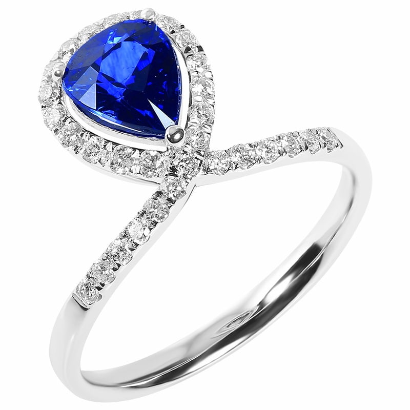 14k Gold 1.58 Ctw Natural Sapphire & Diamond Ring: Ref:231064001 // gold content:14k gold // ring size:7. 25us // // main gemstone:sapphire // shape:pear // carat weight:1. 28ct // color:royal blue // treatment:natural // // adjacent gemstone 2 :