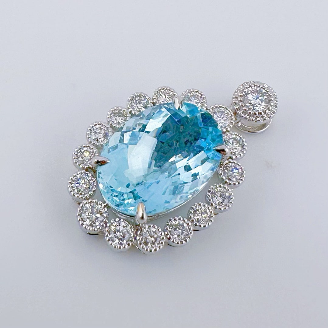14k Gold 4.60 Ctw Natural Aquamarine & Diamond Pendant( Without Chain ) - 2