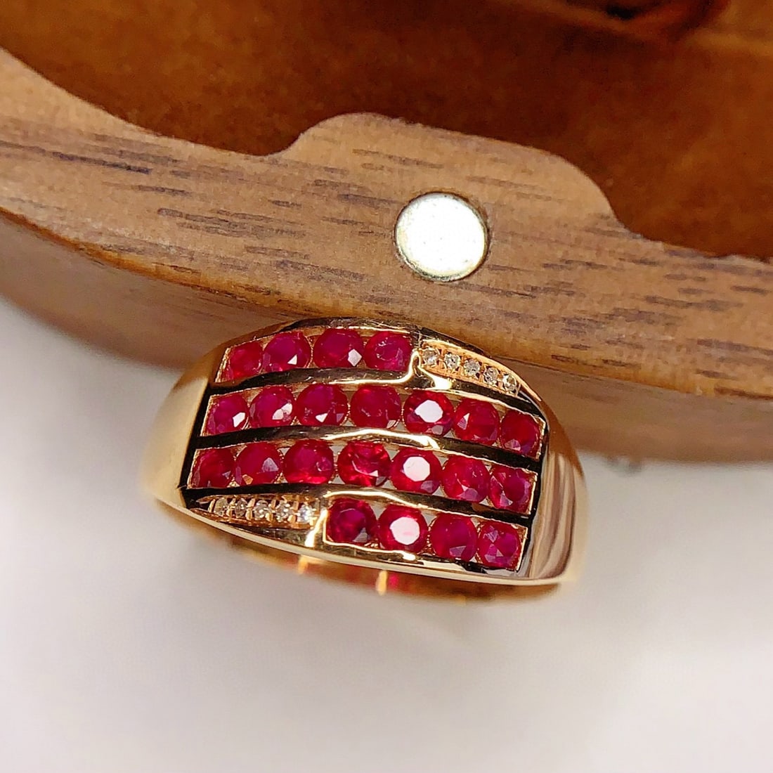 14k Gold 1.8 Ct Natural Ruby & Diamond Ring: Ref:231064102 // gold content:14k gold // ring size:7. 25us // // main gemstone:ruby // shape:round // carat weight:1. 8ct // color:red // treatment:natural // cut grade:g // // adjacent gemstone
