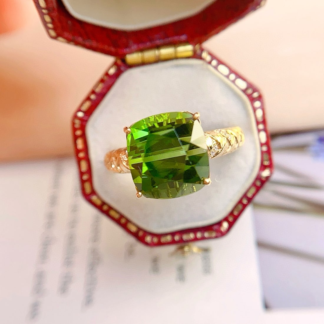 14k Gold 6.65 Ct Natural Tourmaline & Diamond Ring: Ref:231064103 // gold content:14k gold // ring size:7. 25us // // main gemstone:tourmaline // shape:cushion // carat weight:6. 65ct // color:green // treatment:natural // // adjacent gemstone 2 :