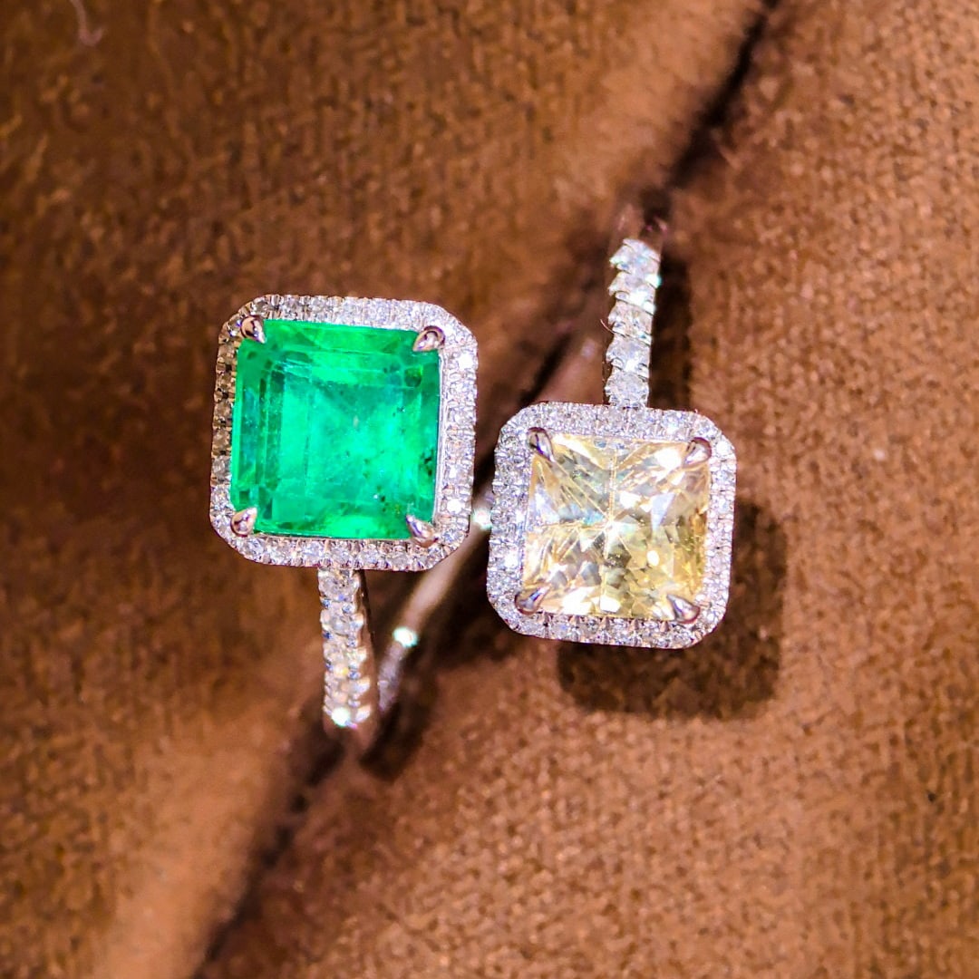 14k Gold 3.41 Ctw Natural Emerald & Sapphire & Toi Et Moi Ring: Ref:231064105 // gold content:14k gold // ring size:7. 25us // // main gemstone:emerald // shape:octagonal // carat weight:1. 75ct // color:green // treatment:natural // // adjacent gemstone 2 :