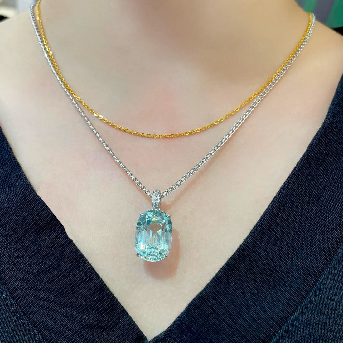 14k Gold 12.1 Ct Natural Aquamarine & Diamond Pendant( Without Chain ) - 5