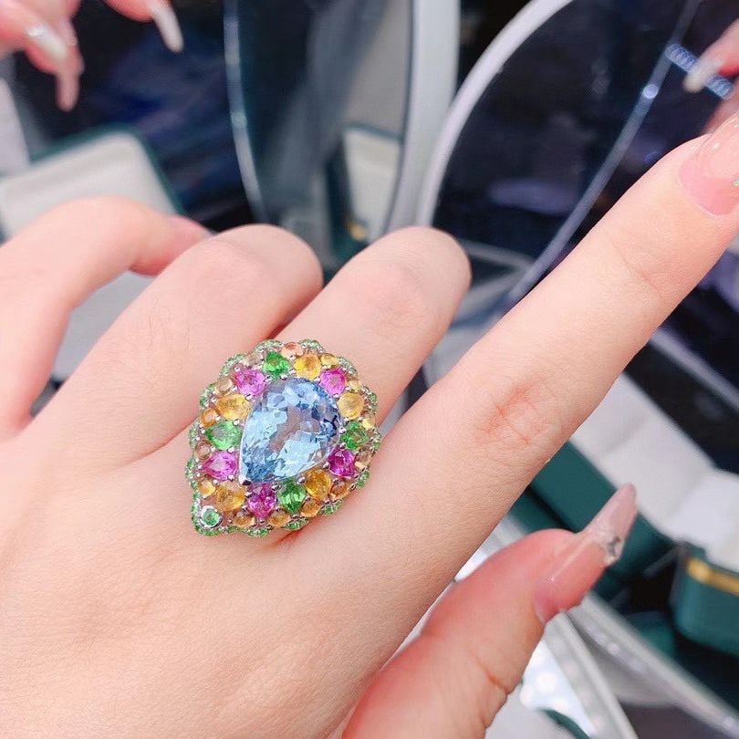 14k Gold 10.49 Ctw Natural Aquamarine & Sapphire & Tsavorite Ring - 6