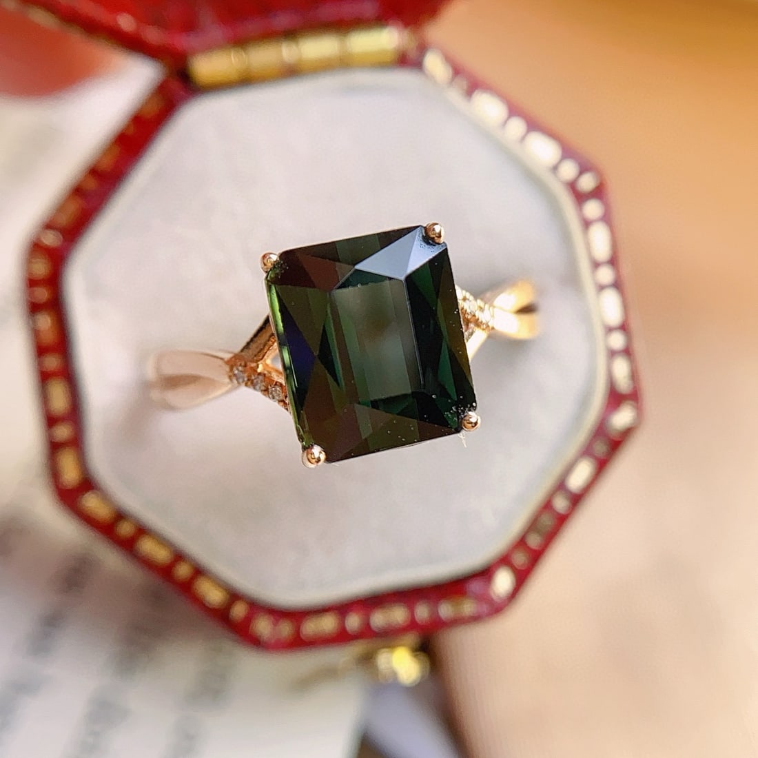 14k Gold 2.55 Ct Natural Tourmaline & Diamond Ring: Ref:231064165 // gold content:14k gold // ring size:7. 25us // // main gemstone:tourmaline // shape:octagonal // carat weight:2. 55ct // color:green // treatment:natural // // adjacent gemstone 2
