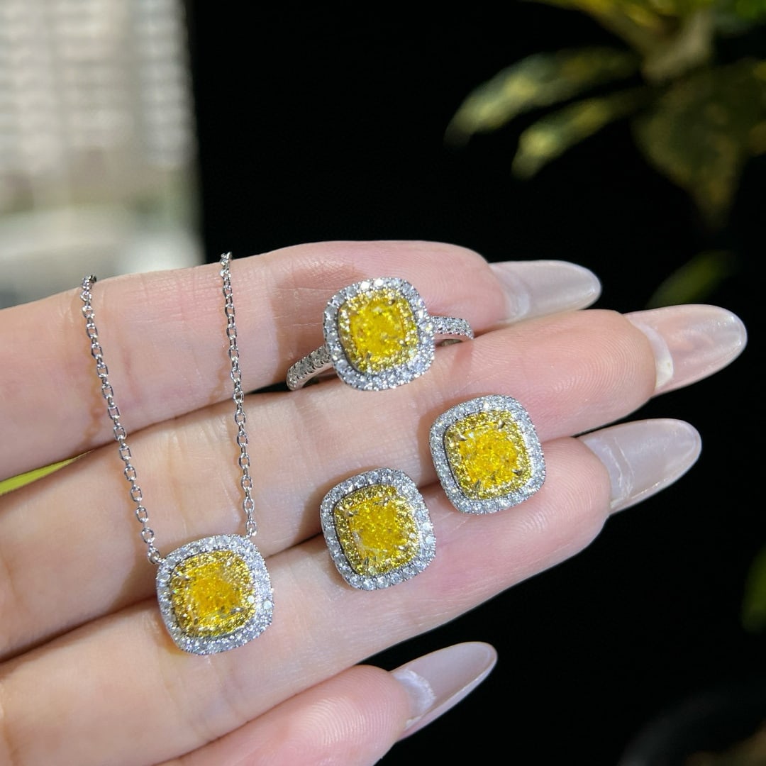 14k Gold 5.16 Ctw Natural Yellow Diamond & Diamond Jewelry Set: Ref:231064170 // gold content:14k gold // ring size:7. 25us // // ring // main gemstone:yellow diamond // shape:cushion // carat weight:1ct // color:yellow // treatment:natural // // adjacent