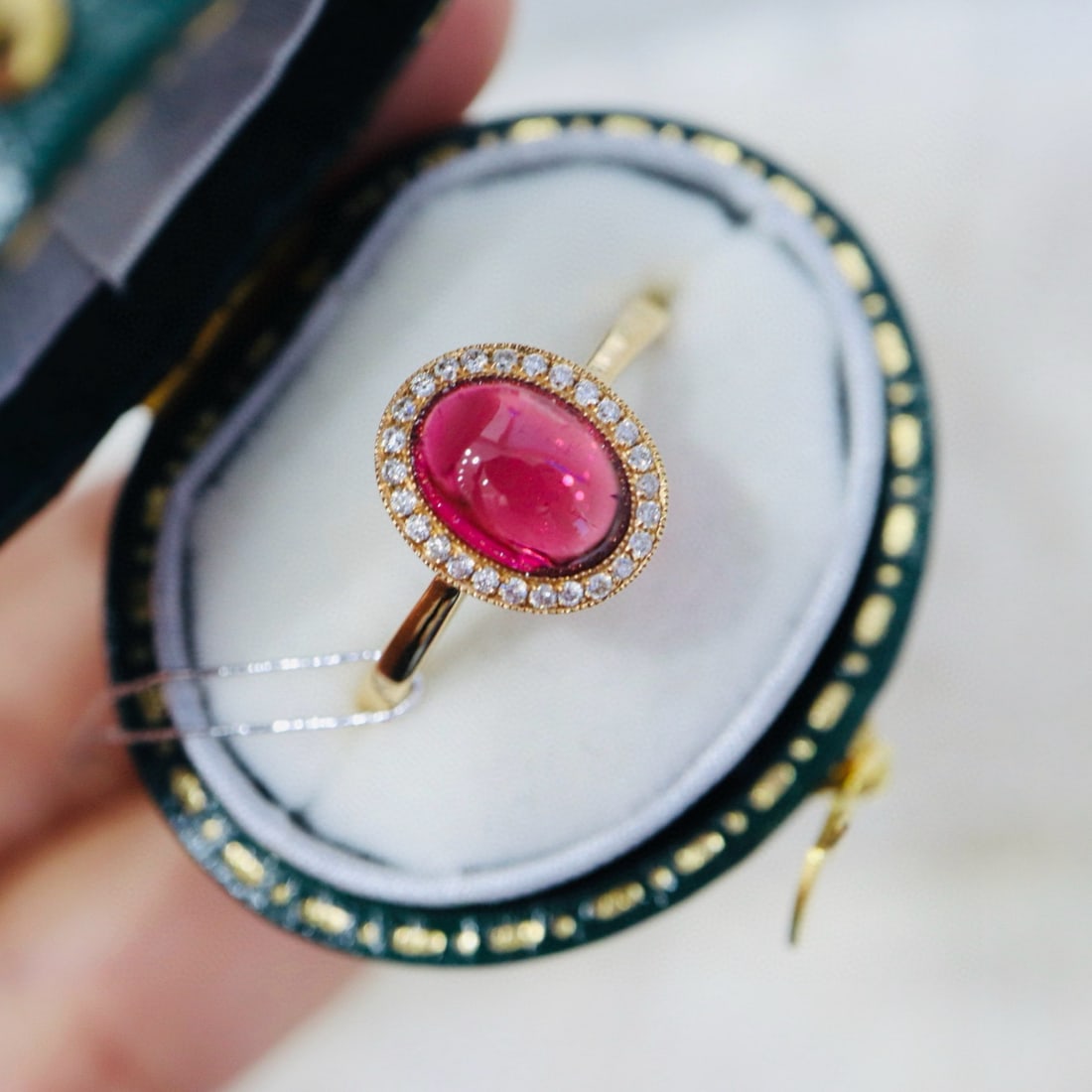 14k Gold 1.34 Ctw Natural Tourmaline & Diamond Ring: Ref:231064185 // gold content:14k gold // ring size:7. 25us // // main gemstone:tourmaline // shape:oval // carat weight:1. 26ct // color:red // treatment:natural // // adjacent gemstone 2 :