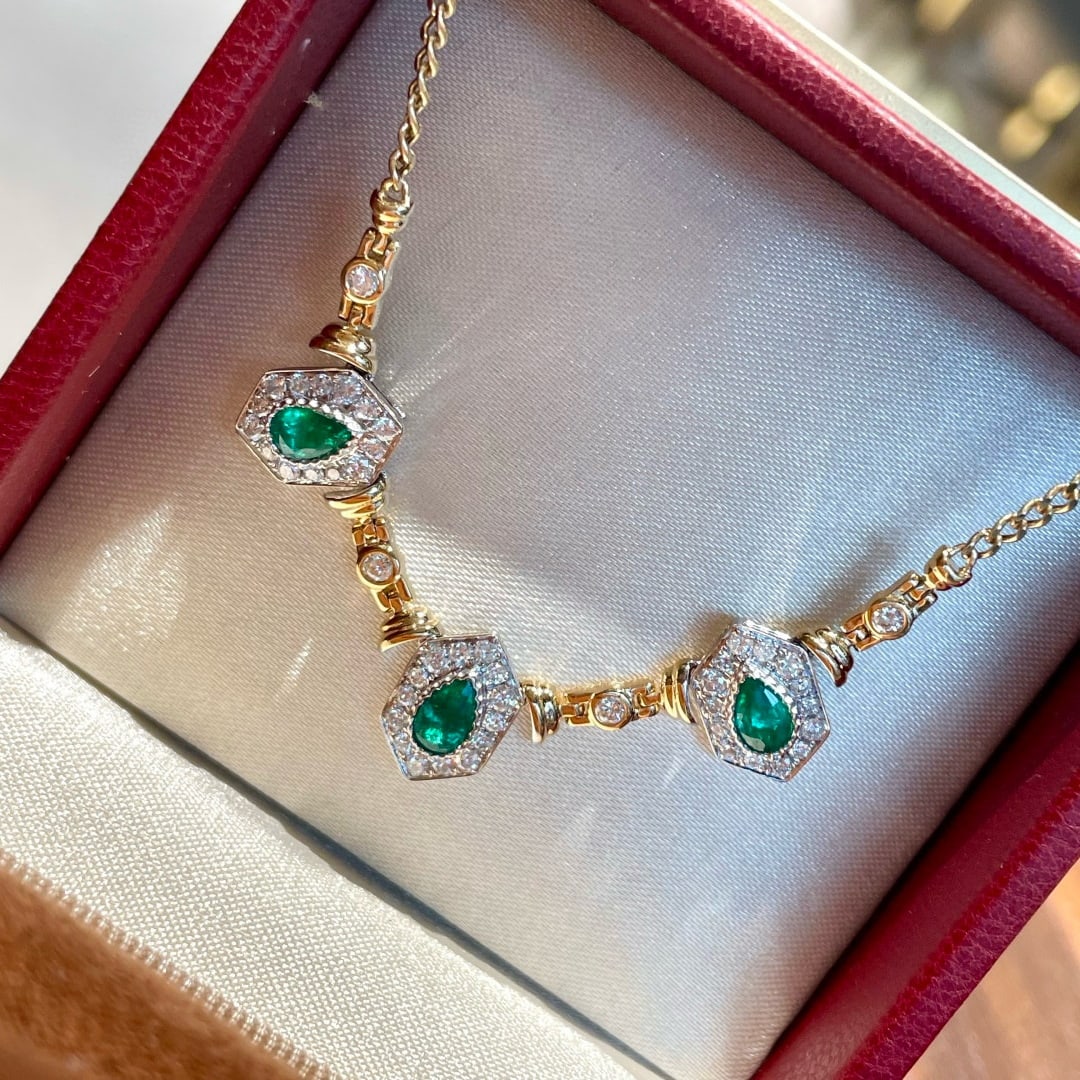 14k Gold 0.73 Ct Natural Emerald & Diamond Necklace (1 of 8)