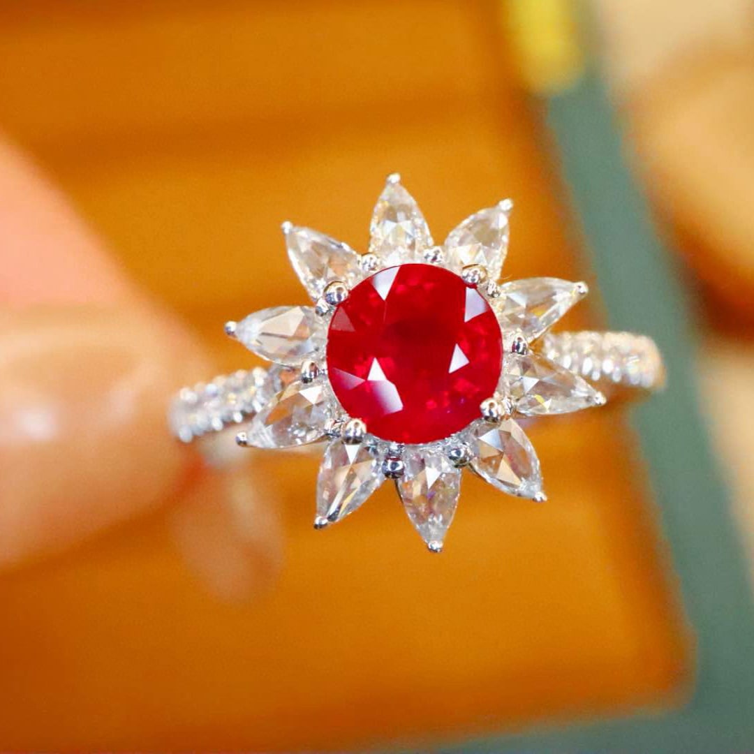 14k Gold 1.43 Ctw Natural Ruby & Diamond Ring: Ref:231064223 // gold content:14k gold // ring size:7. 25us // // main gemstone:ruby // shape:round // carat weight:1. 02ct // color:pigeonblood red // treatment:natural // cut grade:g // // adjacent