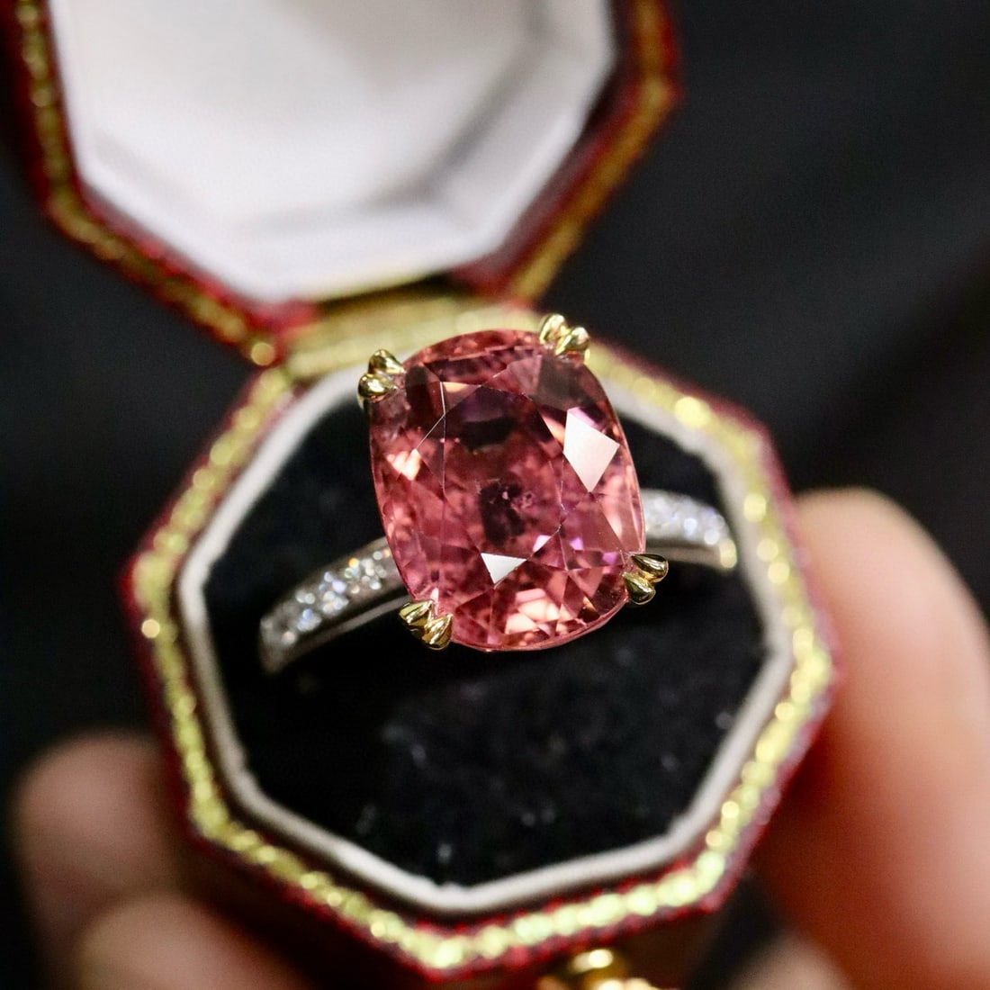 14k Gold 8.37 Ctw Natural Tourmaline & Diamond Ring: Ref:231064253 // gold content:14k gold // ring size:7. 25us // // main gemstone:tourmaline // shape:cushion // carat weight:8. 17ct // color:red // treatment:natural // // adjacent gemstone 2 :