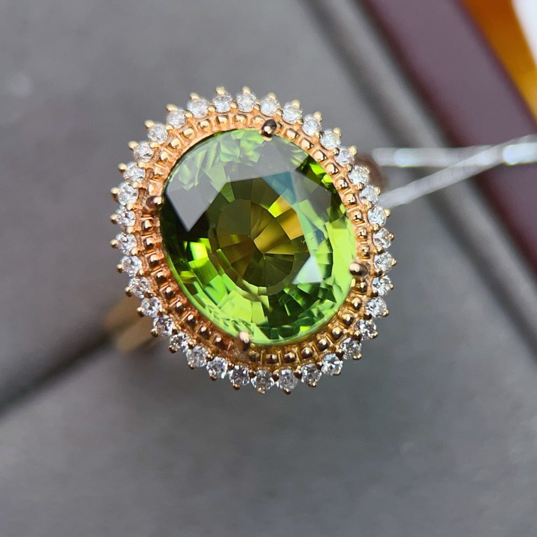14k Gold 6.5 Ct Natural Tourmaline & Diamond Ring: Ref:231064327 // gold content:14k gold // ring size:7. 25us // // main gemstone:tourmaline // shape:oval // carat weight:6. 5ct // color:green // treatment:natural // // adjacent gemstone 2 :