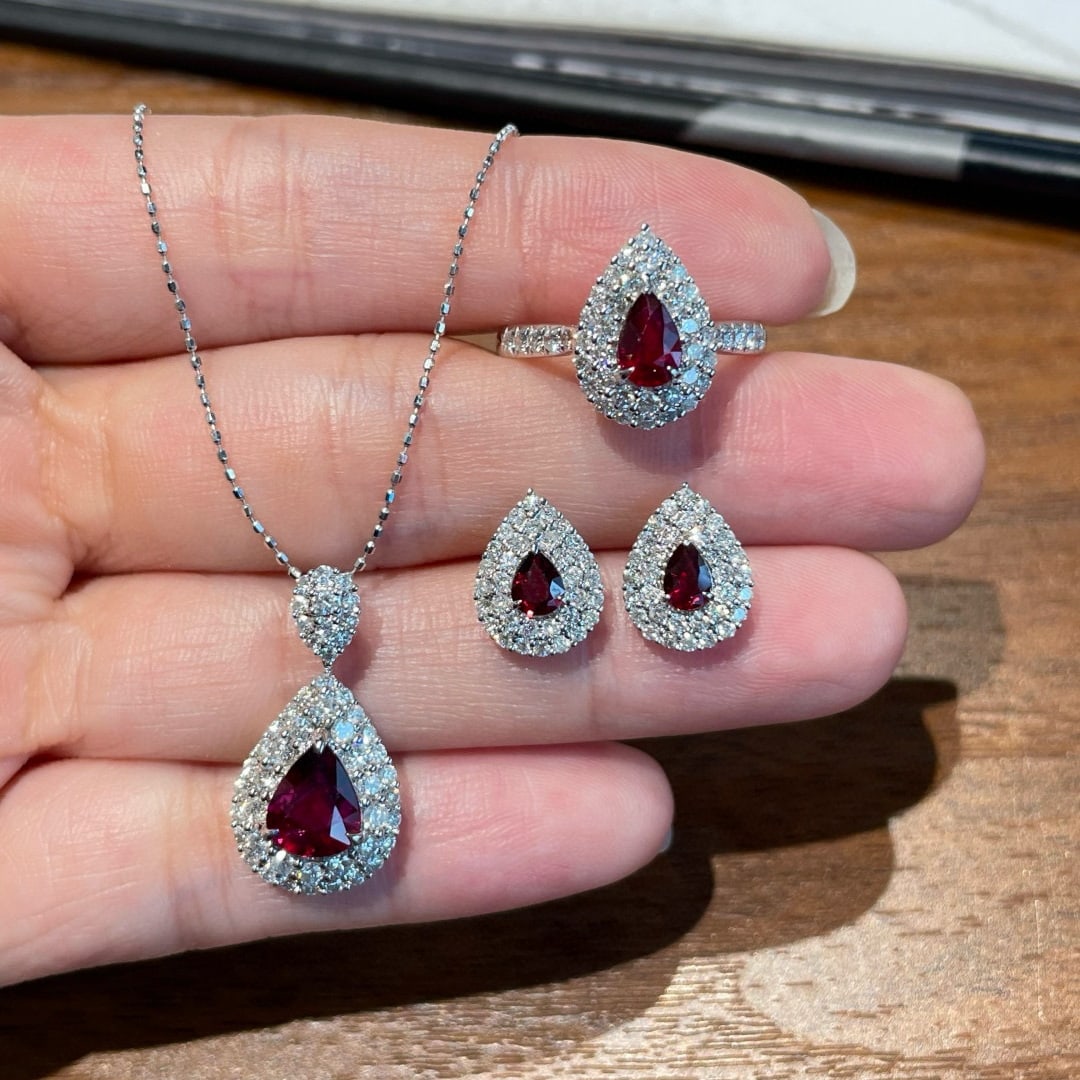 14k Gold 2.23 Ct Natural Ruby & Diamond Jewelry Set - 2