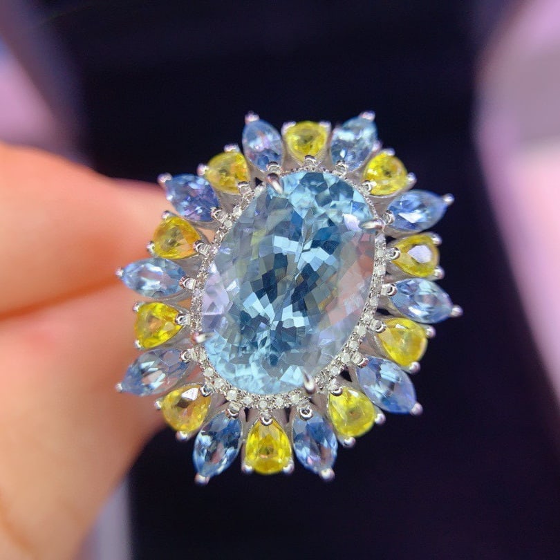 14k Gold 8.8 Ctw Natural Aquamarine & Sapphire Ring/pendant( Without Chain ) - 3