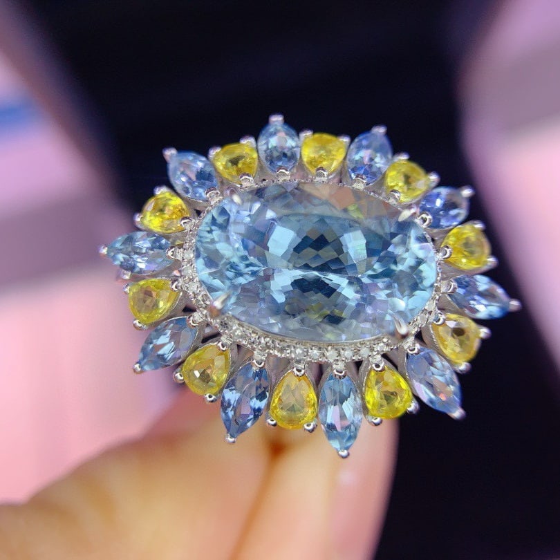 14k Gold 8.8 Ctw Natural Aquamarine & Sapphire Ring/pendant( Without Chain ) - 4