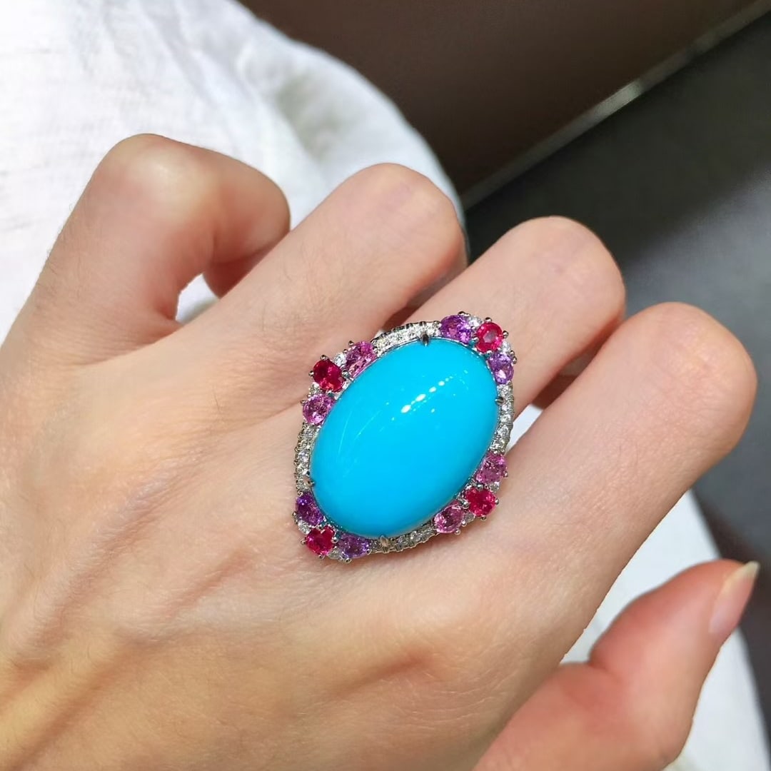 14k Gold 15.71 Ctw Natural Turquoise & Diamond Ring - 2